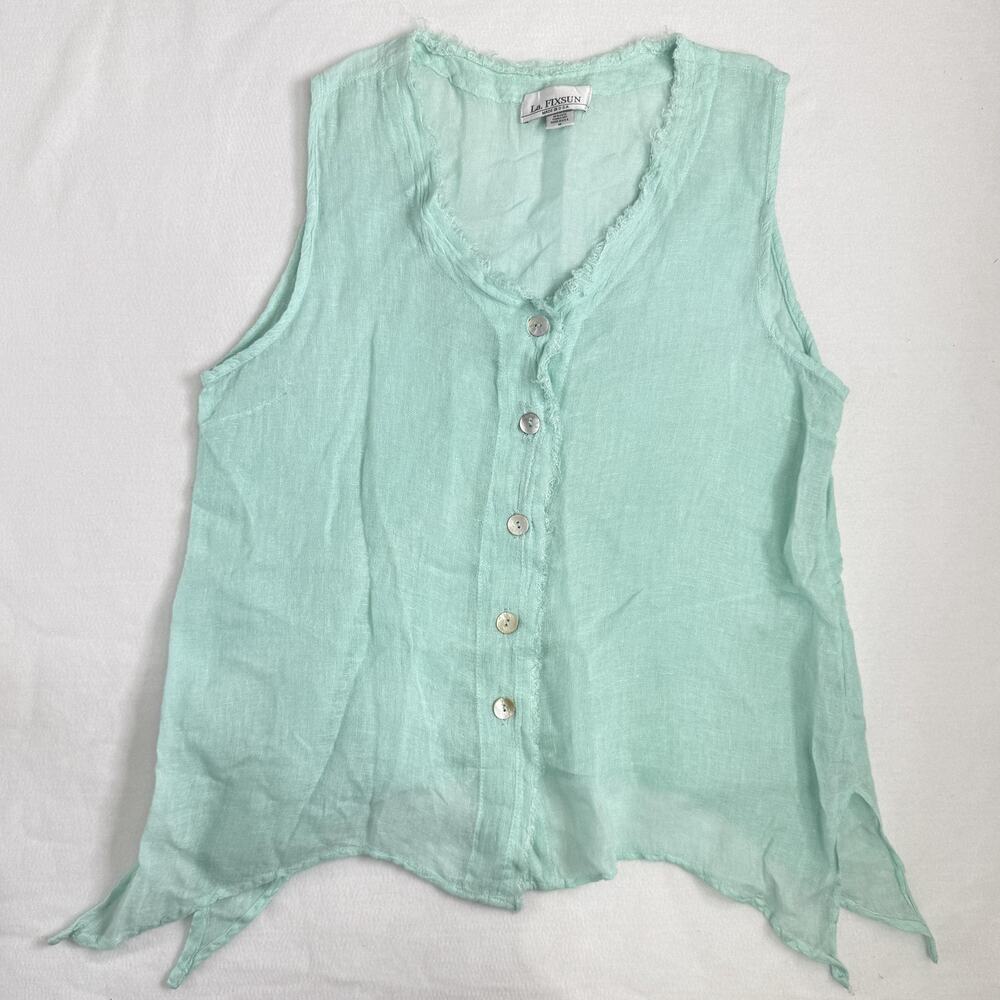 La FIXSUN Top Blouse Womens Medium Green 100% Linen Sleeveless Button Tunic